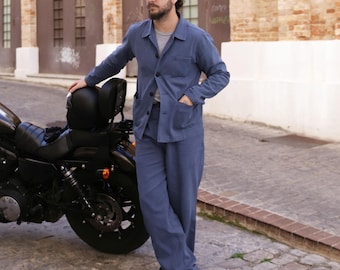 ジャケット・アウター 60s Euro work good fade cotton jacket 60s Style French Chalk Blue Cotton Twill Canvas Chore Jacket