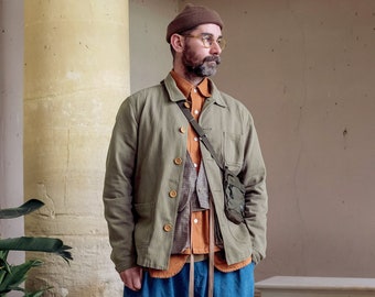 Washed Green Workwear Jacket - 60s Style French Herringbone Cotton Twill - Faded Army Khaki Chore Shirt - S M L XL