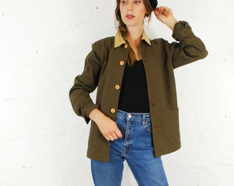 60s Style French Olive Green & Corduroy Cotton Twill Canvas Chore Jacket - Various Sizes