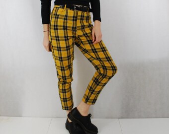 High Waisted Lined Tartan Plaid Nova Check Chino Capri Pants/Trousers - Mustard & Navy