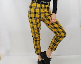 High Waisted Lined Tartan Plaid Nova Check Chino Capri Pants/Trousers - Mustard & Navy