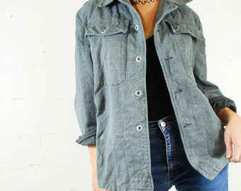 Vintage Salt & Pepper Thick Denim Cotton Chore Jackets - Grey Green Blue Stonewash - S M L Xl