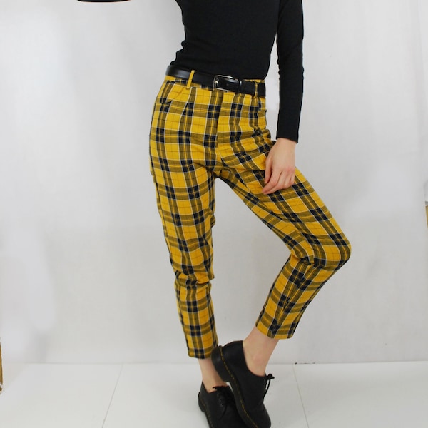 High Waisted Lined Tartan Plaid Nova Check Chino Capri Pants/Trousers - Mustard & Navy