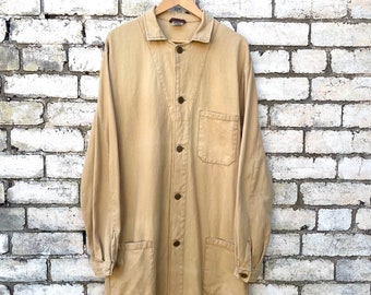 Vintage Duster Work Coat Long Length -  European 100% Cotton Herringbone Twill Chore Jacket - Camel / Tan