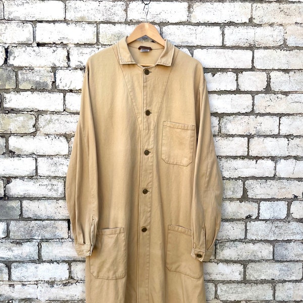 Manteau de travail vintage Duster longue - Veste de corvée européenne en sergé à chevrons 100 % coton - Camel / Tan