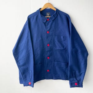 French Blue Moleskin Chore Jacket - Red Buttons - Made In England Workwear Chore Jacket - 3XL 4XL