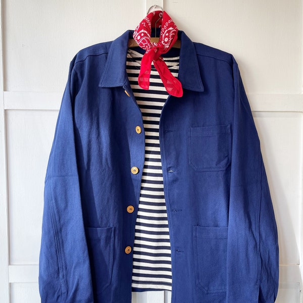 60s Style French Navy Blue Indigo Cotton Twill Canvas Chore Jacket - Wooden Buttons - Various Sizes
