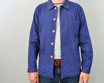 Veste de corvée en toile sergée de coton bleu marine style années 60 - Boutons en bois - Différentes tailles