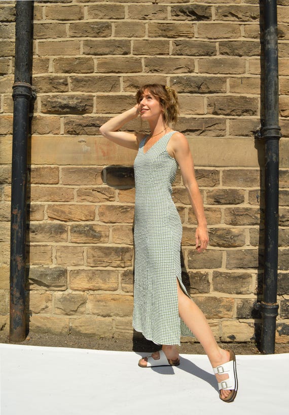 French Gingham Maxi Dress Vintage Style V Neck - Forest Meadow