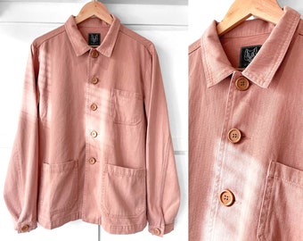 Washed Herringbone Cotton Chore Jacket - Terracotta Peach Pink - 60s Style Vintage French Twill Canvas Workwear Jacket - S M L XL 2XL 3XL