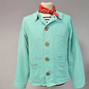 Unique Turquoise Blue Workwear Jacket - Made in England Linen French Workwear Jacket - Military Surplus Rework - Size XS