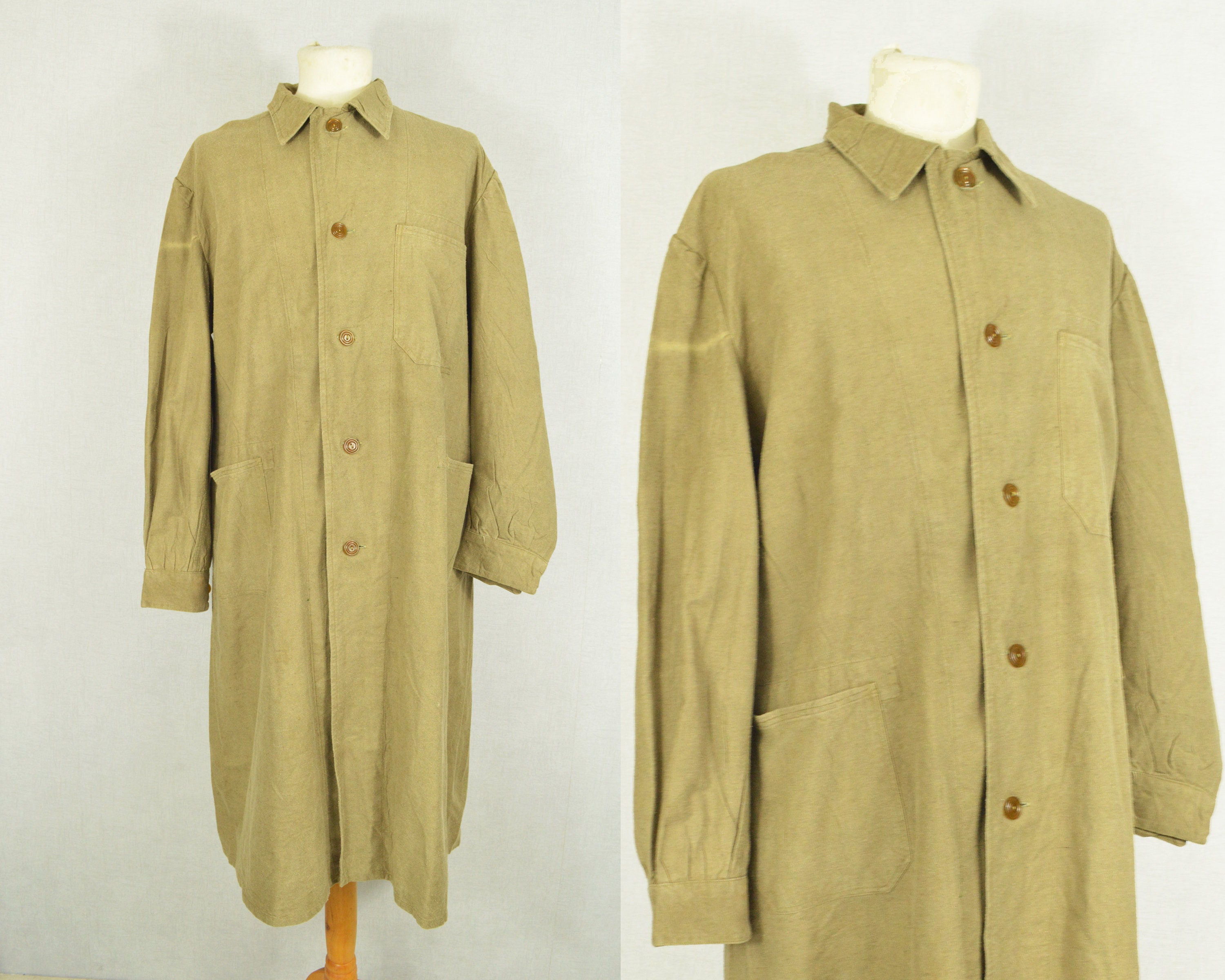 Image of 1950S Work Coat Long Duster - Light Brown Cotton Chore Jacket Smock European
