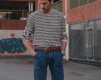 Stripe Breton Top Cotton Sweatshirt Long Sleeve Navy & White Flannel