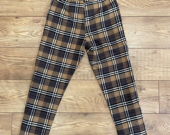 Brushed Cotton Check High Waisted Cigarette Pants Tartan Trousers Brown - Main Image