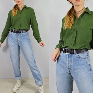 Vintage Swedish Smock Shirts 1980s Button Down Collared Blouse Soft Worn In Cotton Green image 1