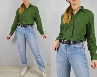 Chemises suédoises vintage - Chemisier à col boutonné des années 1980 - Doux porté en coton - Vert