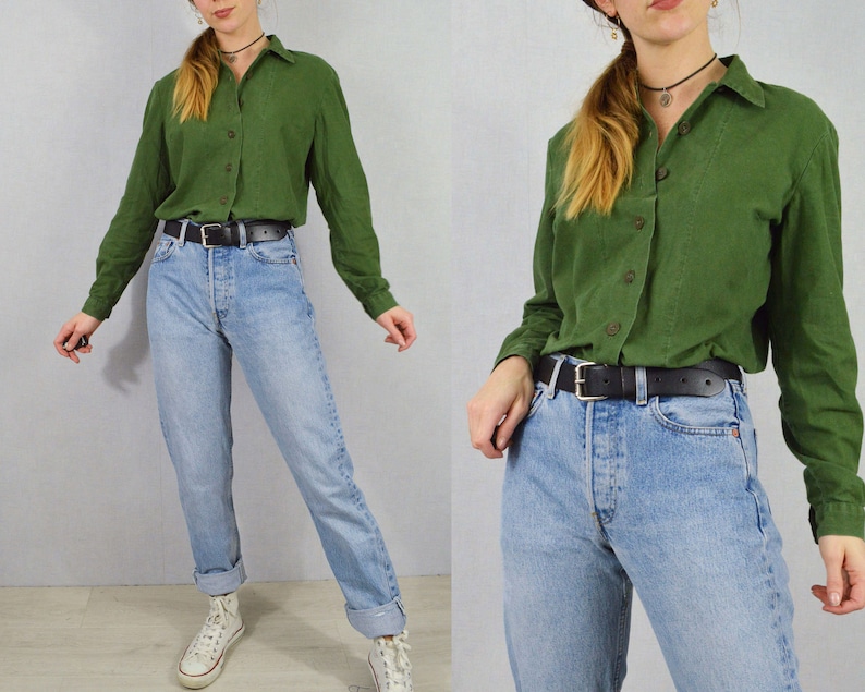 Vintage Swedish Smock Shirts 1980s Button Down Collared Blouse Soft Worn In Cotton Green image 1