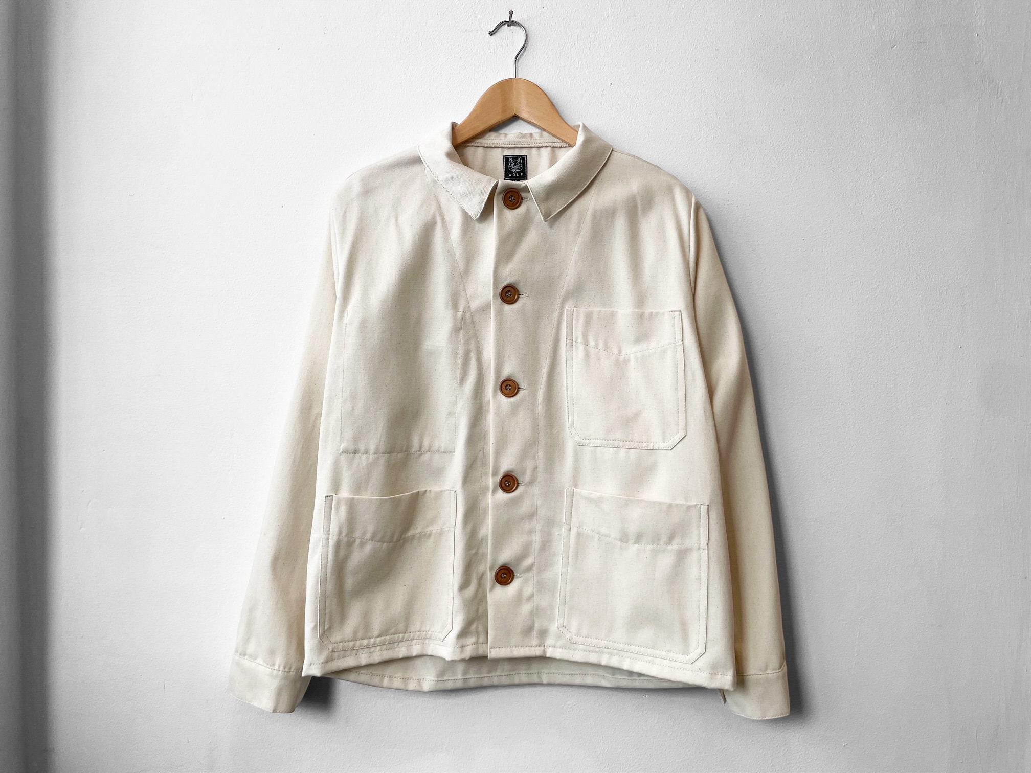 Washed Ecru Linen 60s Style French Cotton Canvas Chore Jacket