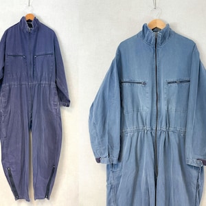 Vintage Herringbone French Workwear Overalls / Coveralls Navy Blue - Plus Size - 100% Cotton