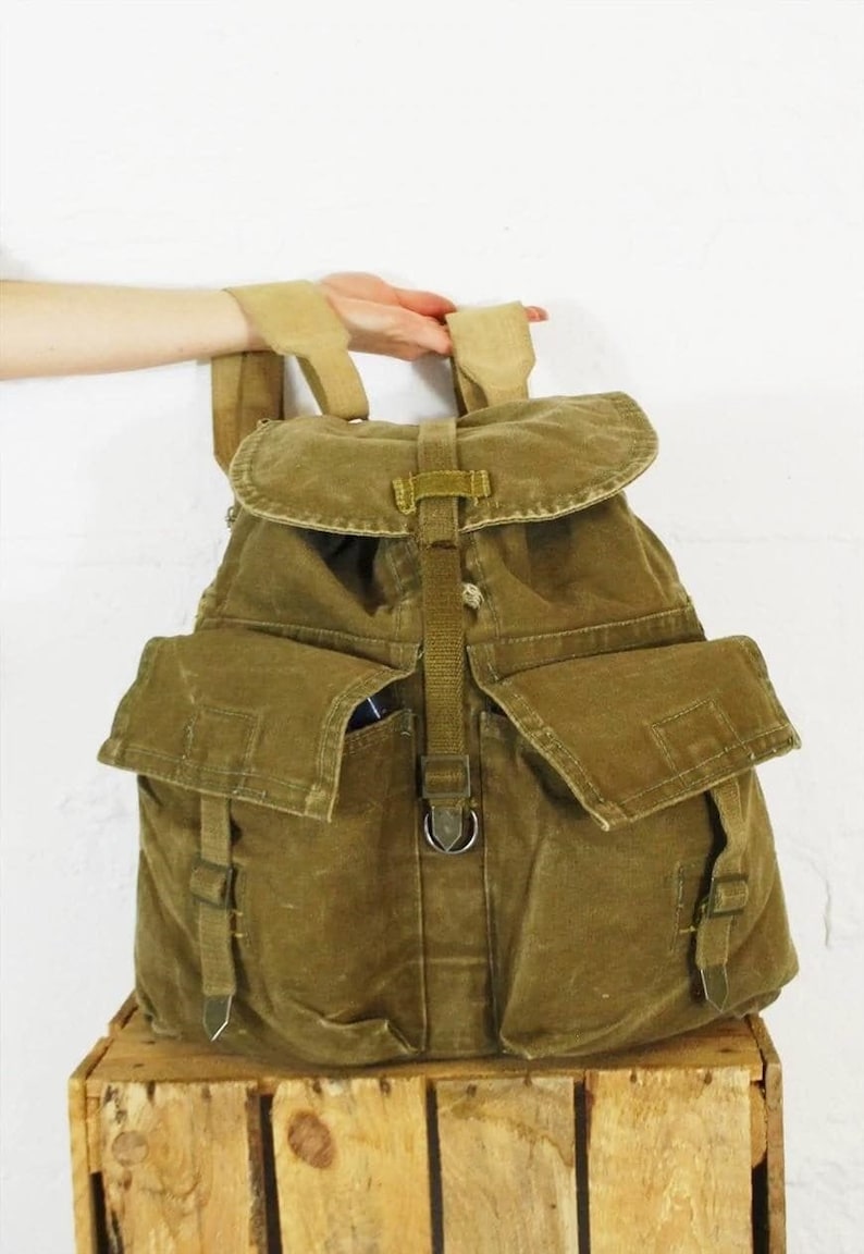 Rare 60s Army Rucksacks Brown Cotton Canvas Czech Vintage Large image 1