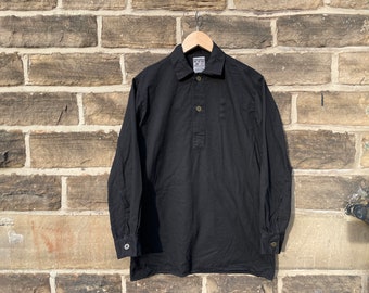 Vintage Grandad Shirt Black - Collared Henley Button Down Smock - Cotton