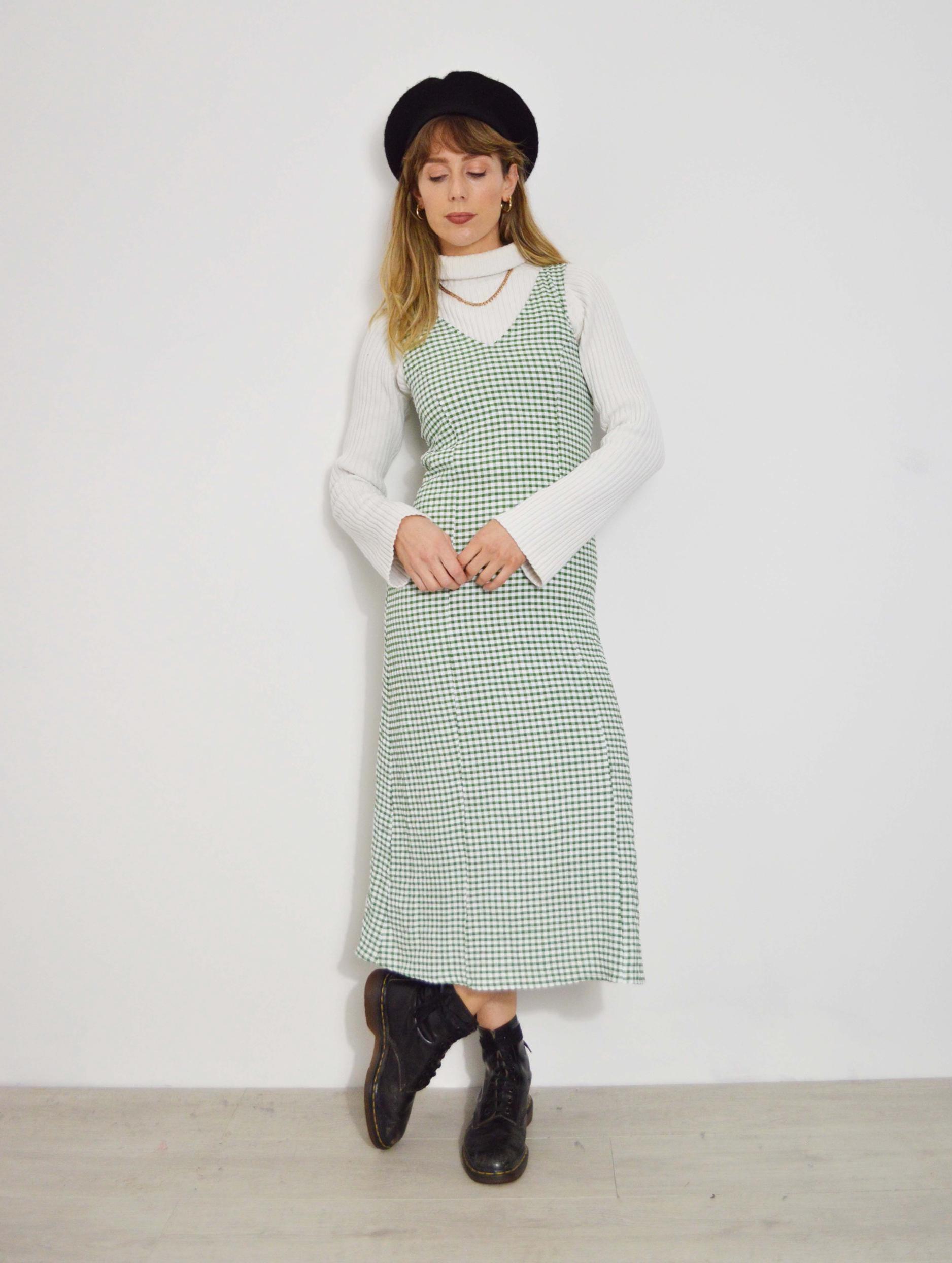 French Gingham Maxi Dress Vintage Style V Neck - Forest Meadow