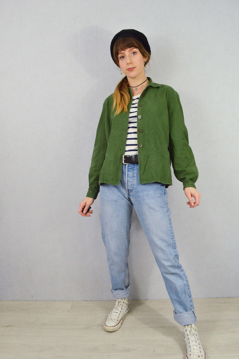 Vintage Swedish Smock Shirts 1980s Button Down Collared Blouse Soft Worn In Cotton Green image 8