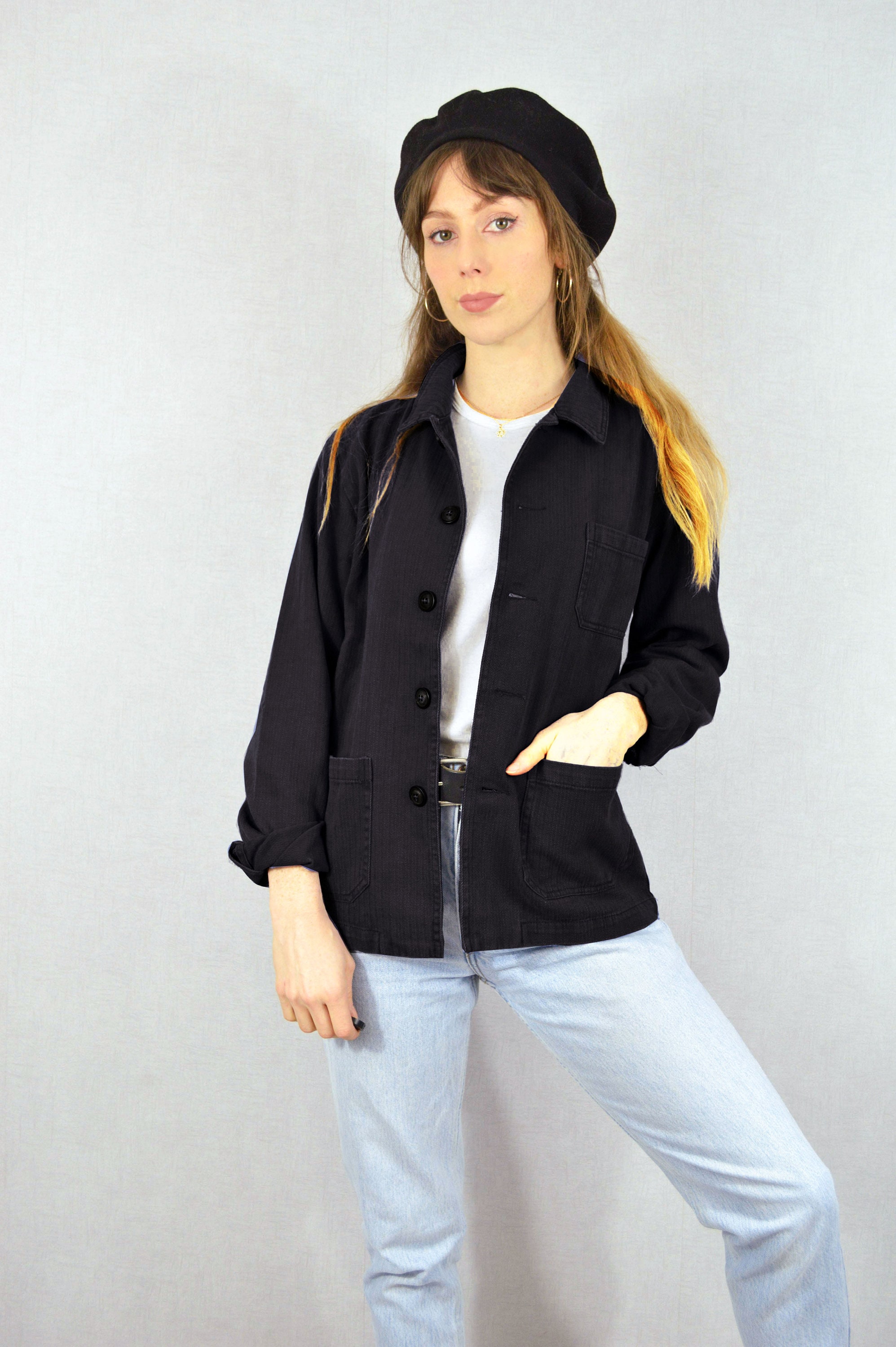 ジャケット・アウター 60s-70s French Cotton Twill Work Jacket 60s Style French Black Cotton Twill Canvas Chore Worker