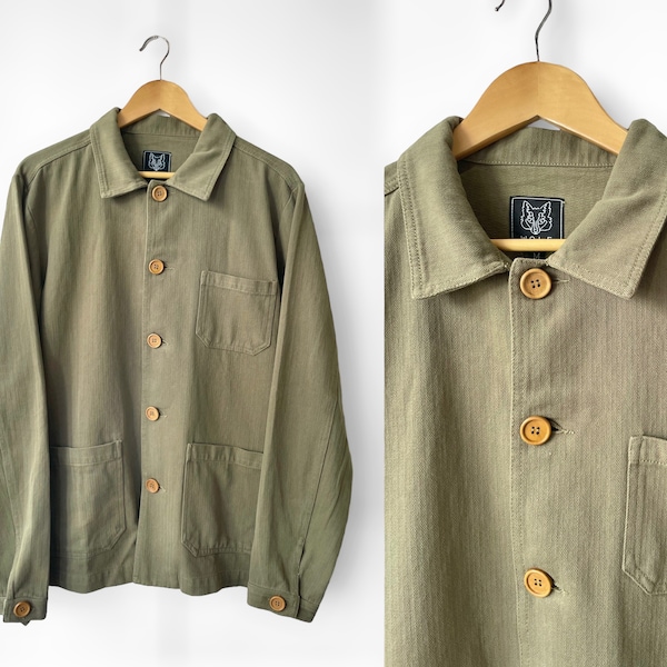 Washed Green Workwear Jacket - 60s Style French Herringbone Cotton Twill - Faded Army Khaki Chore Shirt - S M L XL