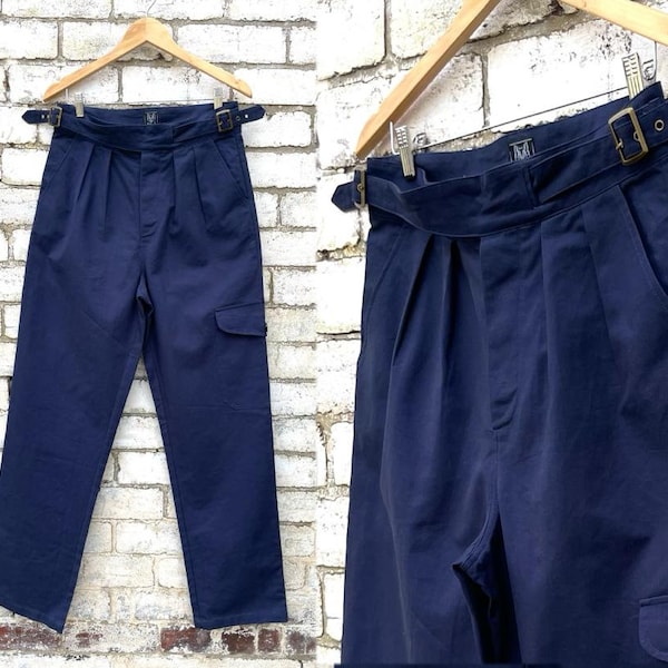 Unisex High Waisted Gurkha Pants - 100% Cotton - 1950s Army Style Trousers - Buckle Adjustable