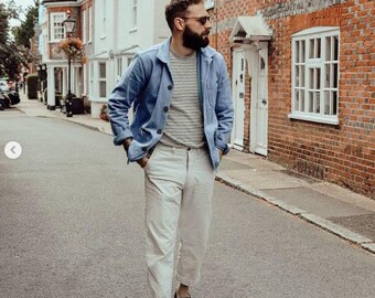 ジャケット・アウター 60s Euro work good fade cotton jacket 60s Style French Chalk Blue Cotton Twill Canvas Chore Jacket