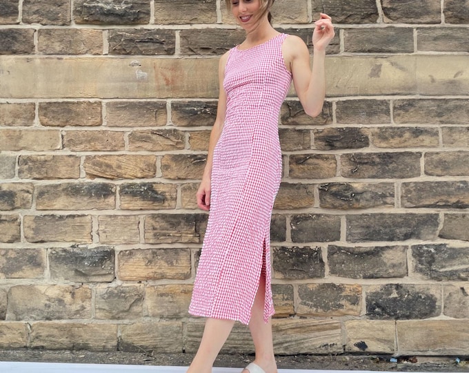 Vestido largo de cuadros vichy francés estilo vintage, largo midi, ajustable, sin mangas.