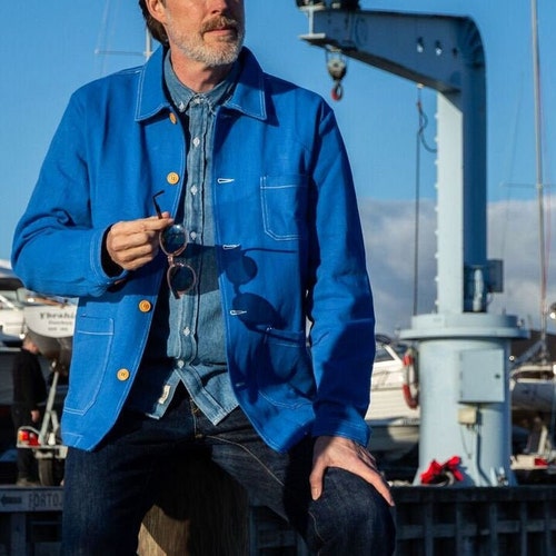60s Style French Cobalt Blue Cotton Twill Canvas Chore Jacket