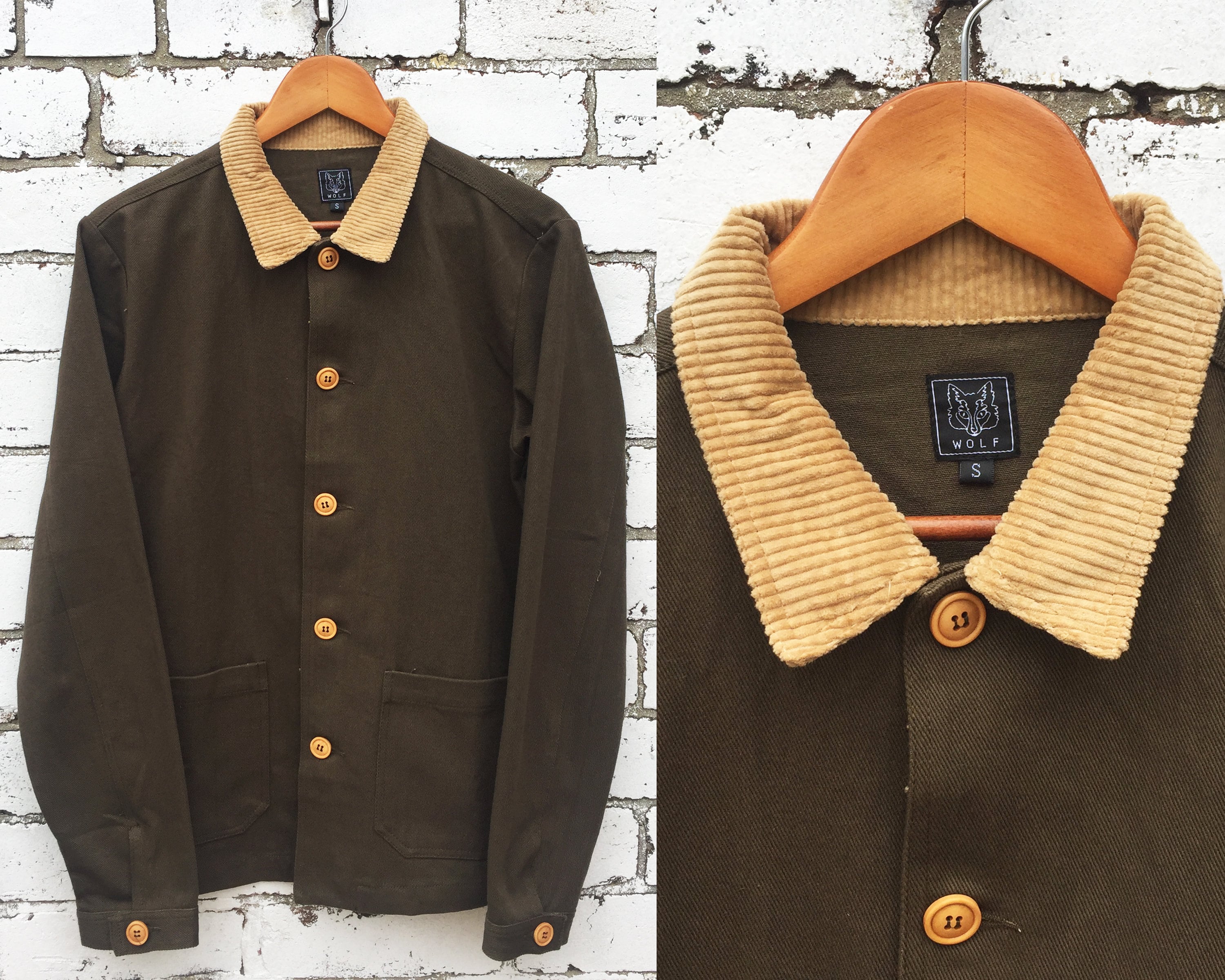 60s Style French Olive Green Corduroy & Cotton Twill Canvas Chore Jacket - Various Sizes