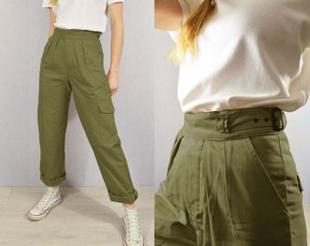 Unisex High Waisted Gurkha Pants - 100% Cotton - 1950s Army Style Trousers - Buckle Adjustable - Tan Beige or Army Green - All Sizes