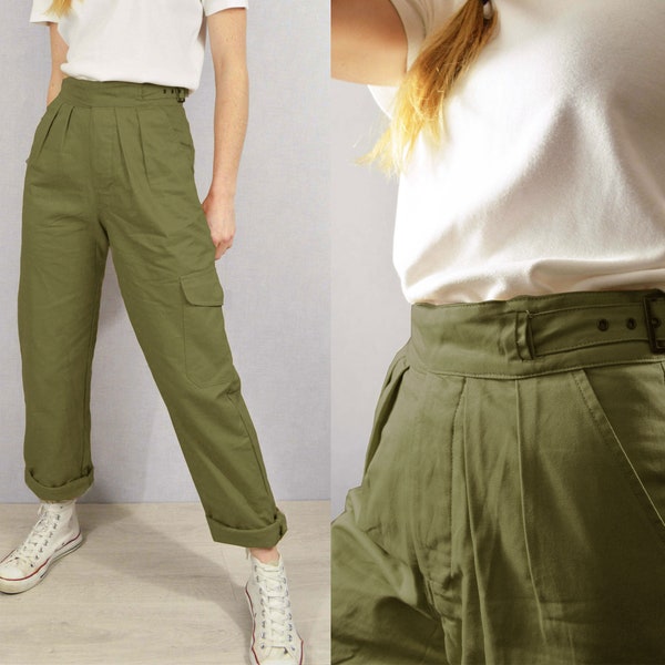 Pantalon gurkha taille haute unisexe - 100 % coton - pantalon style armée des années 1950 - boucle réglable - beige fauve ou vert armée - toutes les tailles