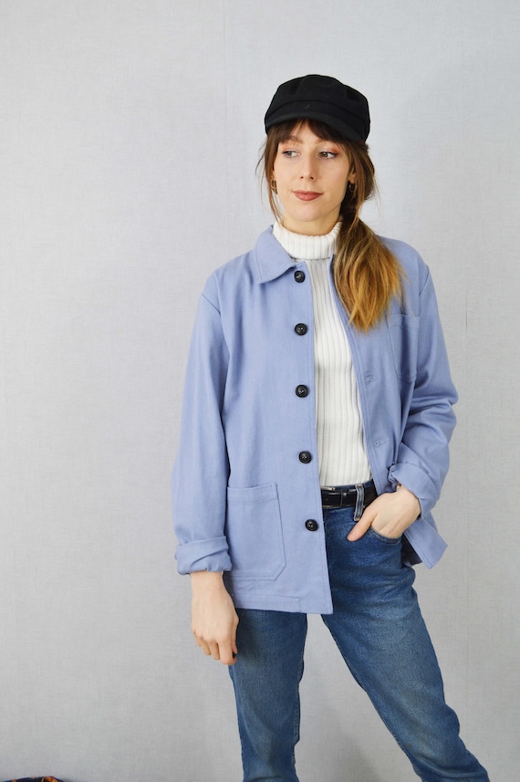 60s Style French Chalk Blue Cotton Twill Canvas Chore Jacket
