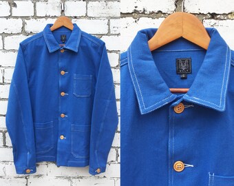 60s Style French Cobalt Blue Cotton Twill Canvas Chore Jacket