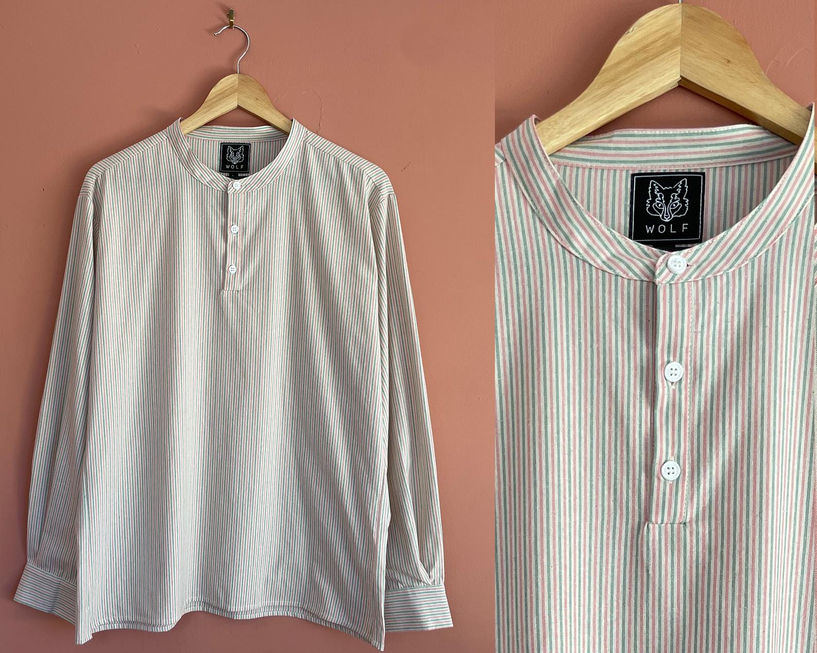 Rhubarb Collarless Grandad Shirt Stripe - 100% Cotton Smock - Long Sleeve Chore Top
