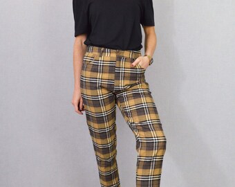 Brushed Cotton Check High Waisted Cigarette Pants Tartan Trousers Brown - Main Image