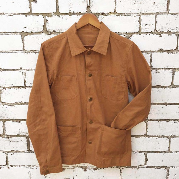 ジャケット・アウター 1970s brown duck french work jacket 60s Style French Work Chore Jacket Duck Brown Cotton Canvas - Etsy