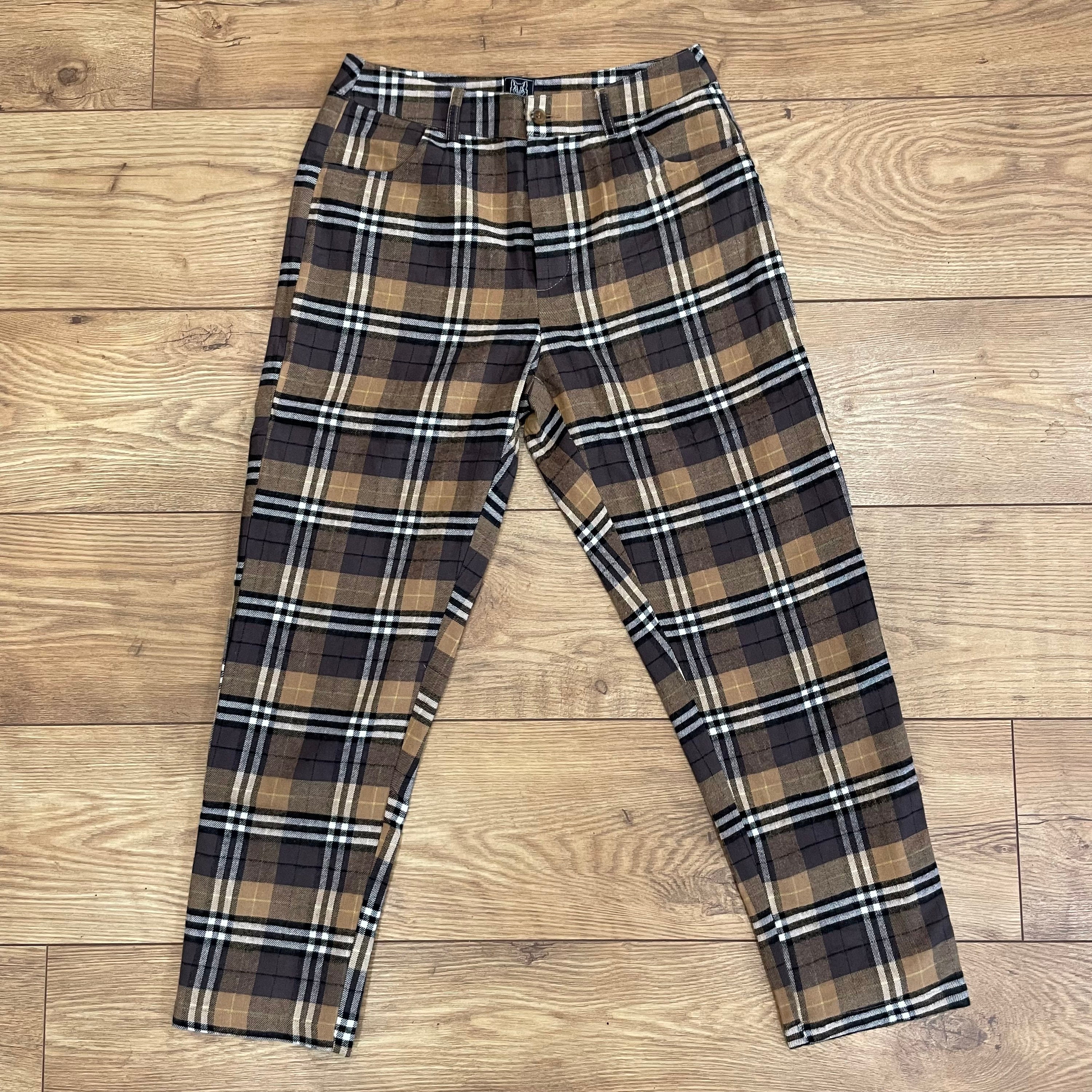 Brushed Cotton Check High Waisted Cigarette Pants - Tartan Trousers