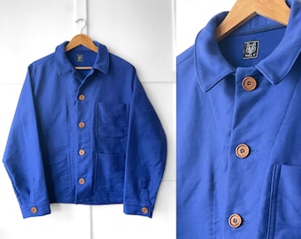 1950s Style Moleskin Chore Jacket - Made In England - French Workwear Coat - Classic French Blue - Wooden Buttons