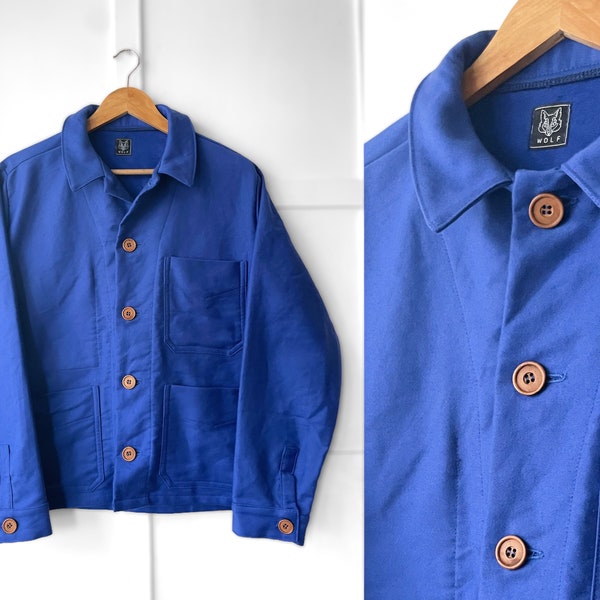 Moleskin-Arbeitsjacke im 1950er-Jahre-Stil – hergestellt in England – französischer Arbeitsmantel – klassisches französisches Blau – Holzknöpfe
