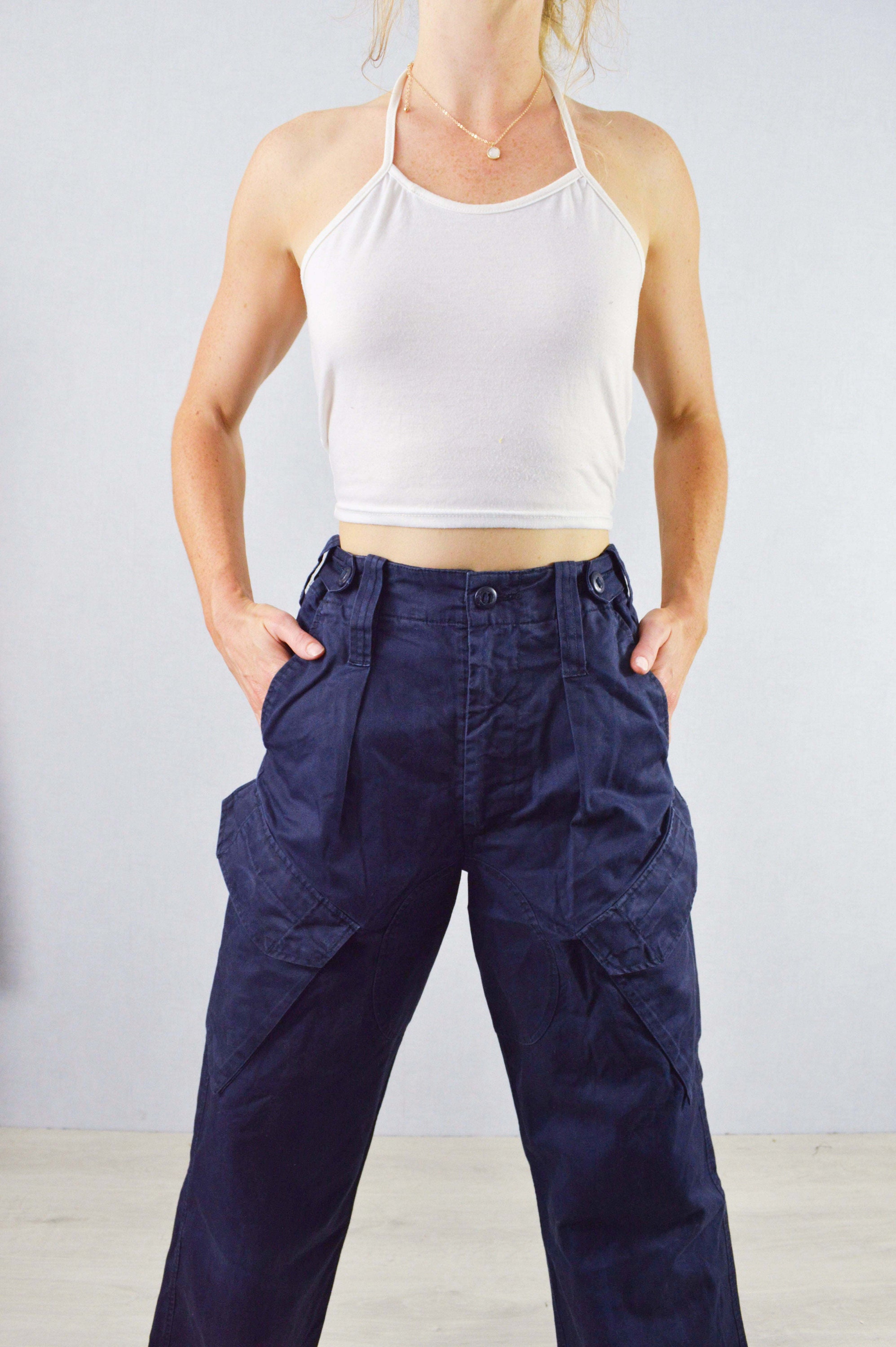 Vintage Combat British Navy Deckhand Cargo Pants – High Waisted Straight Leg-1098989