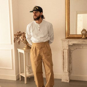 Camisa clásica blanca de algodón sin cuello - Bata orgánica estilo abuelo - Camisa de trabajo de manga larga