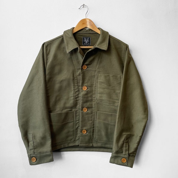 Made In England Moleskin Cotton Chore French Workwear Jacket - Moss Green - Wooden Buttons