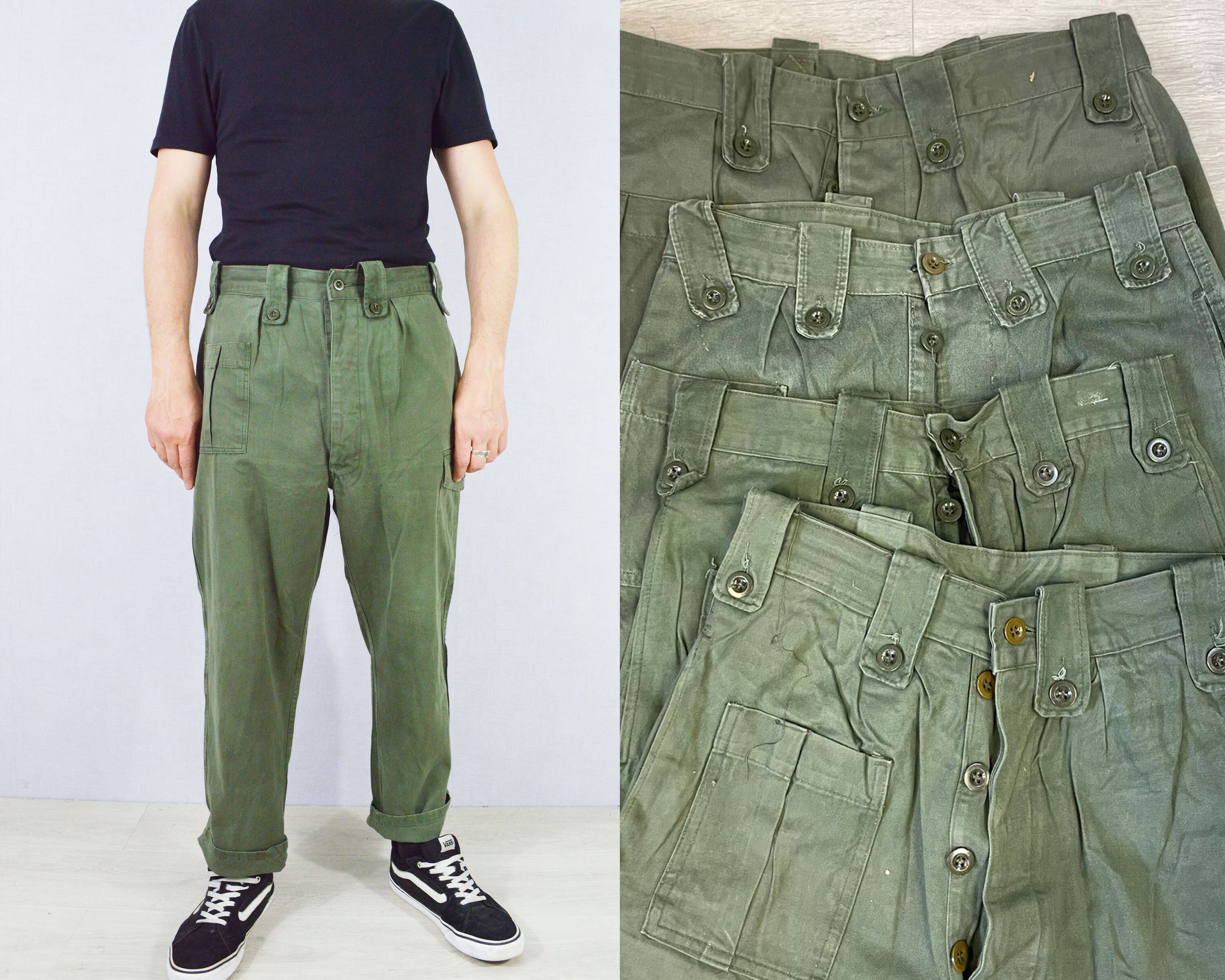 Vintage High Waisted Belgian Army Issue Cotton Sateen Trousers - Olive Green 大阪オンライン Belgium army field trousers vintage ワークパンツ/カーゴパンツ
