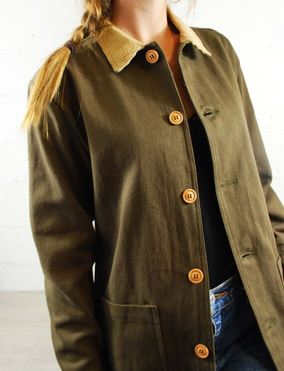 Various Sizes 60s Style French Olive Green Cotton Twill Corduroy Chore Jacket