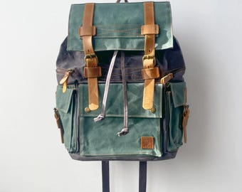 Großer Rucksack aus gewachster Baumwolle im Vintage-Stil mit Lederriemen – Türkis, Braun & Schwarz – XL